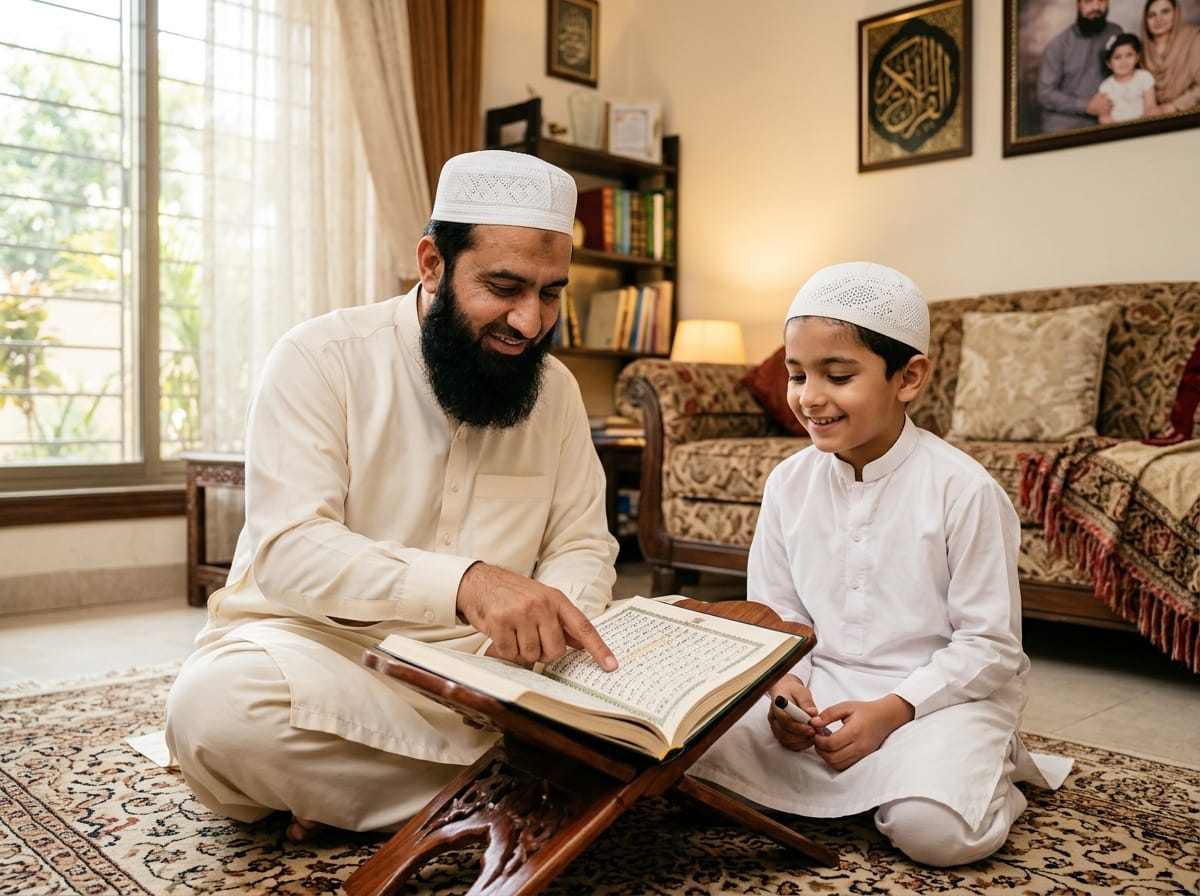 Pakistani male Qari with beard and prayer cap teaching a young boy student the Holy Quran on a wooden rihal at home